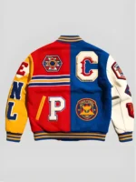 Blue Red Patchwork Varsity Jacket For Men