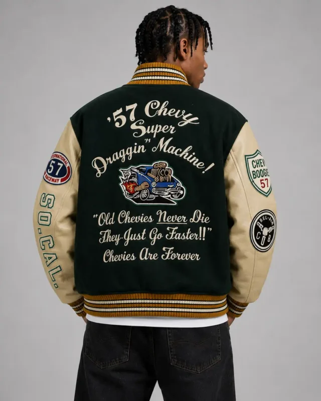 57 Chevy Draggin Machine Exclusive Green Varsity Jacket For Sale
