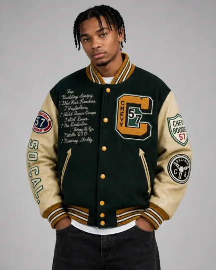 57 Chevy Draggin Machine Exclusive Green Wool Varsity Jacket