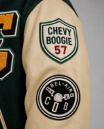 57 Chevy Draggin Machine Exclusive Green Wool Varsity Jacket For Sale