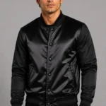 All Black Satin Varsity Jacket Mens Black Lining Snap Button
