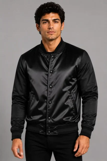 All Black Satin Varsity Jacket Mens Black Lining Snap Button