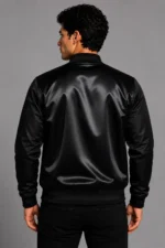 All Black Satin Varsity Jacket Mens Black Lining Snap Button For Sale