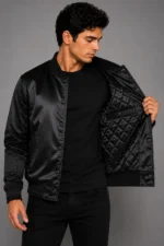 All Black Satin Varsity Jacket Mens Black Lining Snap Button On Sale