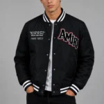 Amiri Exclusive Black Leather Sleeve Varsity Jacket Chenille