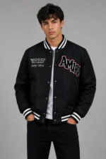 Amiri Exclusive Black Leather Sleeve Varsity Jacket Chenille