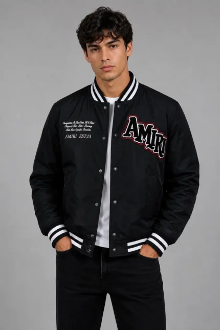 Amiri Exclusive Black Leather Sleeve Varsity Jacket Chenille