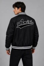 Amiri Exclusive Black Leather Sleeve Varsity Jacket Chenille For SALE