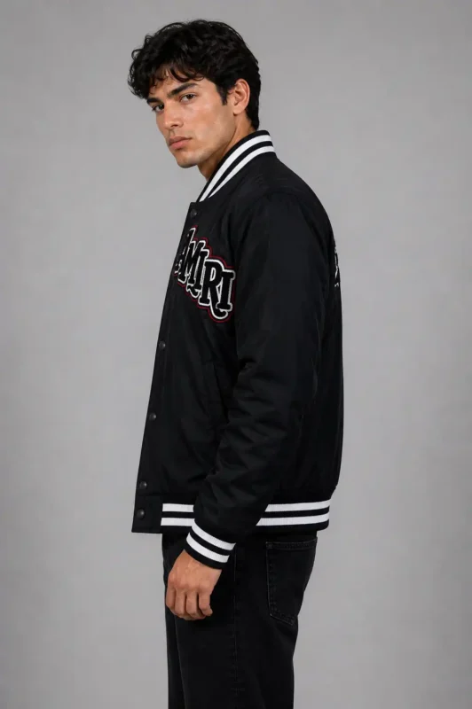 Amiri Exclusive Black Leather Sleeve Varsity Jacket Chenille On Sale