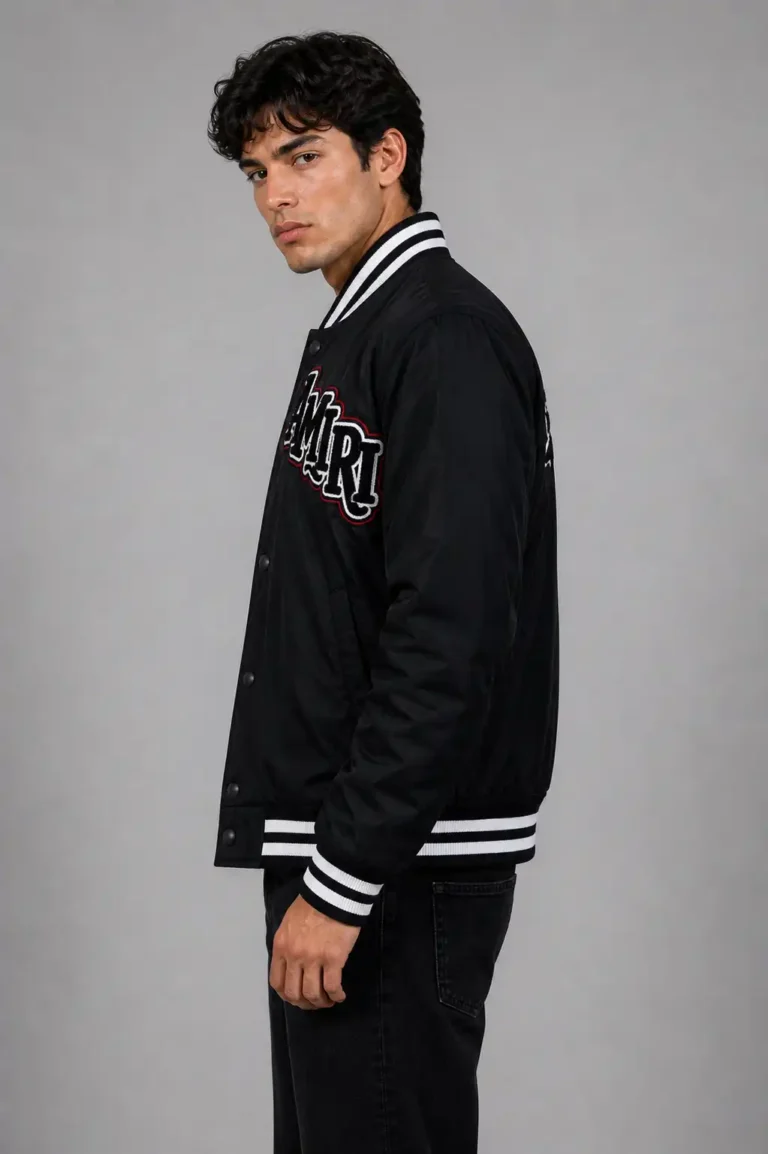 Amiri Exclusive Black Leather Sleeve Varsity Jacket Chenille On Sale