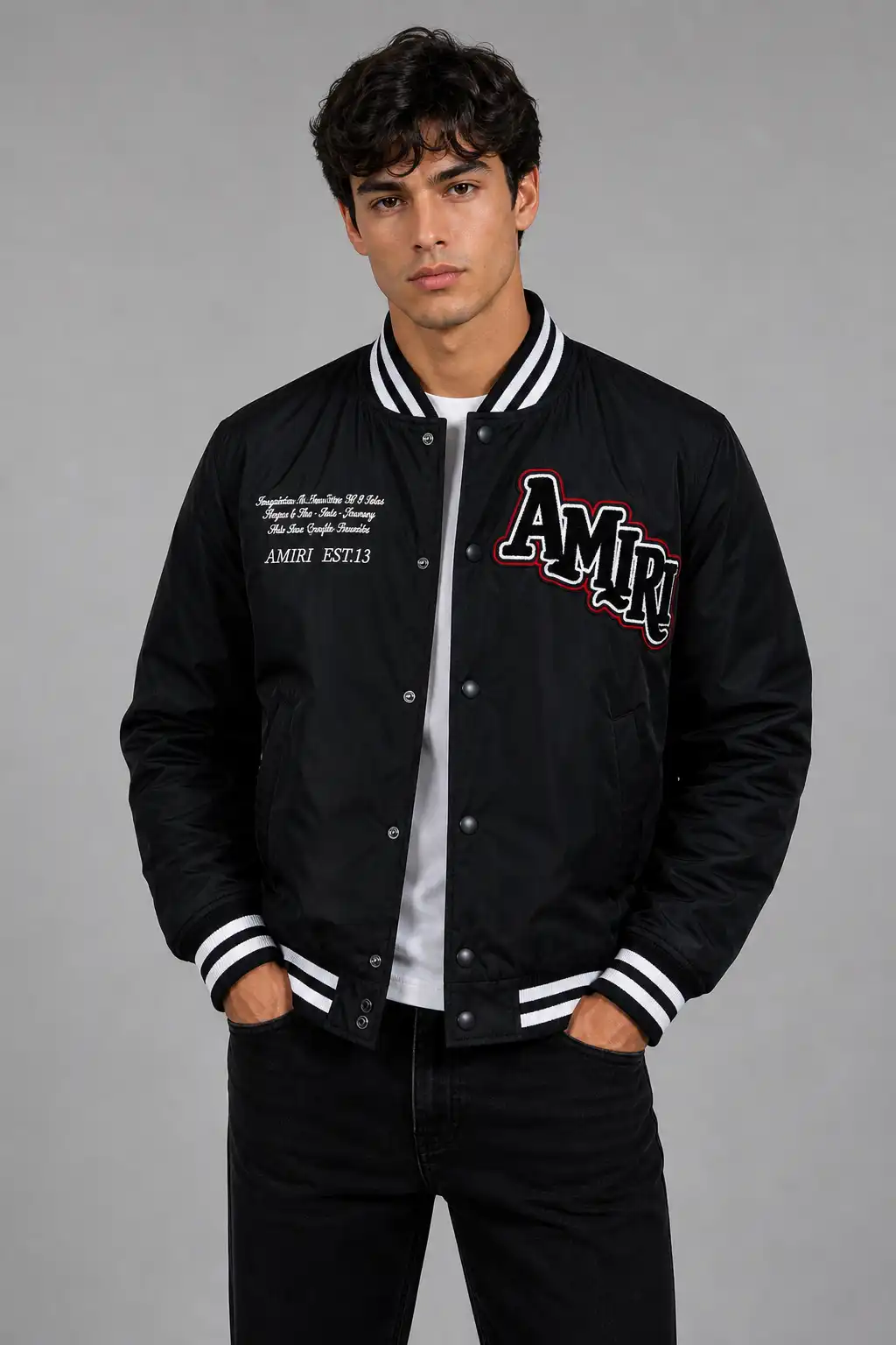 Amiri Exclusive Black Leather Sleeve Varsity Jacket Chenille Amiri Exclusive Black Leather Sleeve Varsity Jacket Chenille