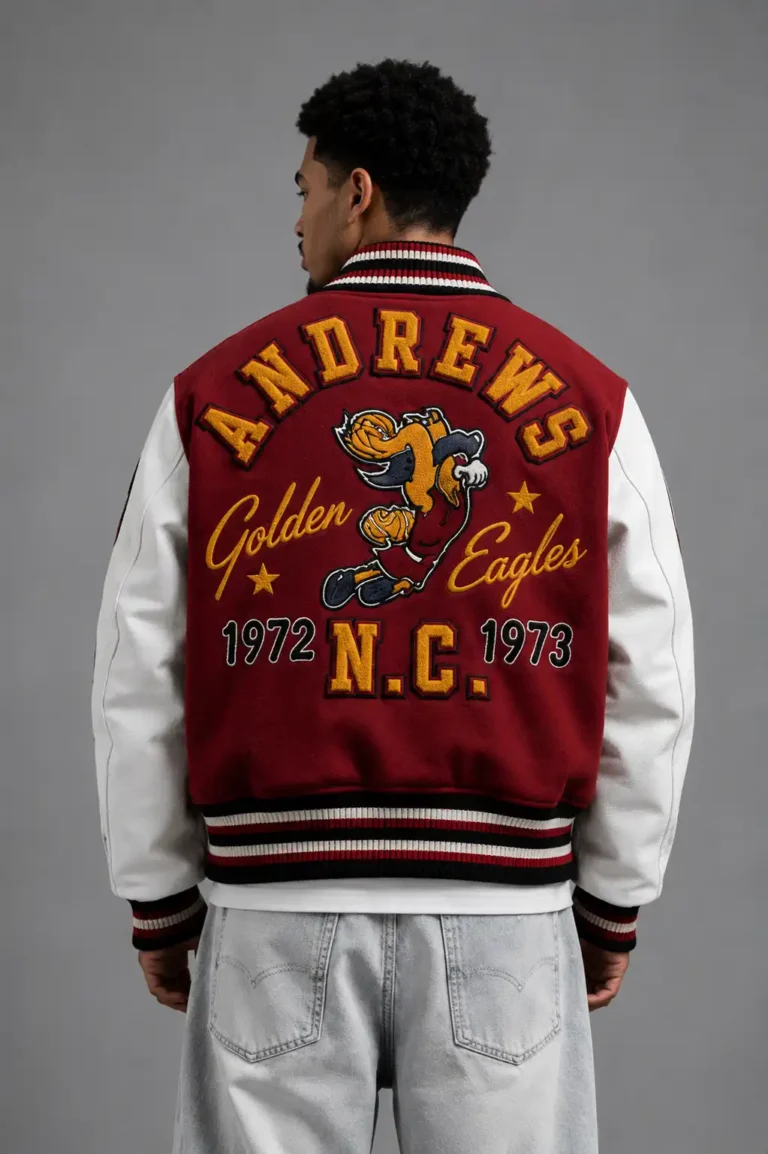 Andrews Golden Eagles NC Exclusive Maroon Wool Varsity Jacket For Sale
