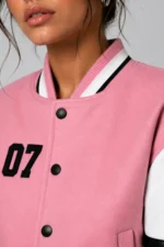 Apex Division Embroidered Cropped Varsity Jacket Pink White Leather