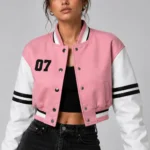 Apex Division Embroidered Cropped Varsity Jacket Women Pink White Leather