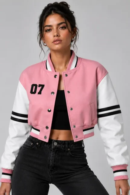 Apex Division Embroidered Cropped Varsity Jacket Women Pink White Leather