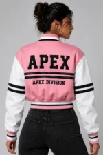 Apex Division Embroidered Cropped Varsity Jacket Women Pink White Leather For Sale