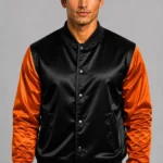 Black Flame Orange Satin Varsity Jacket Mens Orange Satin Lining