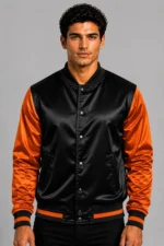 Black Flame Orange Satin Varsity Jacket Mens Orange Satin Lining