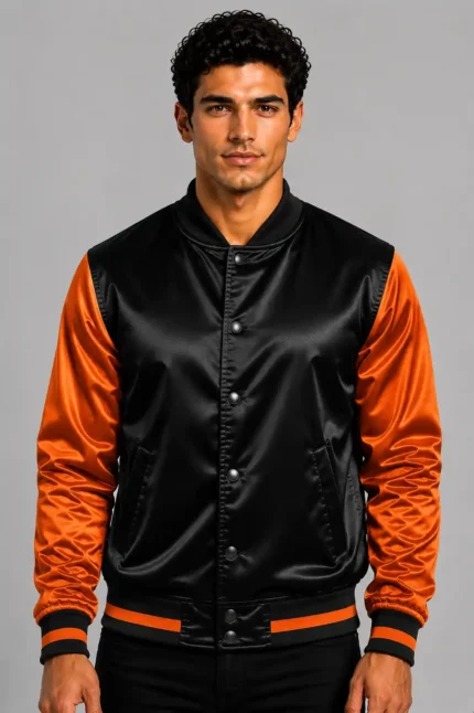Black Flame Orange Satin Varsity Jacket Mens Orange Satin Lining