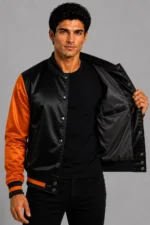 Black Flame Orange Satin Varsity Jacket Mens Orange Satin Lining For Sale