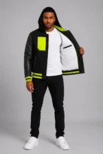 Black Hooded Varsity Jacket Black Leather Neon Yellow
