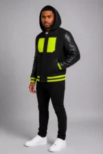 Black Hooded Varsity Jacket Black Leather Neon Yellow For Sale