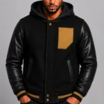 Black Hooded Varsity Jacket Black Leather Sleeves Gold Chest Patch