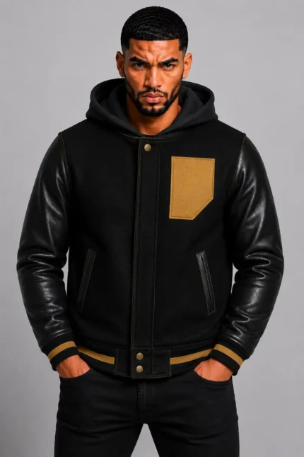 Black Hooded Varsity Jacket Black Leather Sleeves Gold Chest Patch