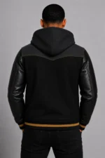 Black Hooded Varsity Jacket Black Leather Sleeves Gold Chest Patch For Sale