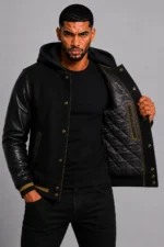 Black Hooded Varsity Jacket Black Leather Sleeves Gold Chest Patch On Sale
