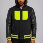 Black Hooded Varsity Jacket Black Leather Sleeves Neon Yellow