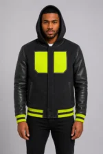 Black Hooded Varsity Jacket Black Leather Sleeves Neon Yellow
