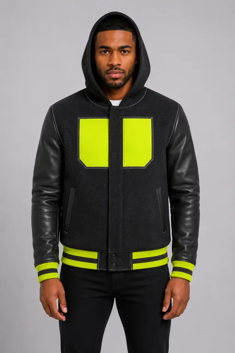 Black Hooded Varsity Jacket Black Leather Sleeves Neon Yellow