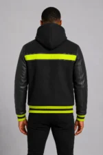 Black Hooded Varsity Jacket Black Leather Sleeves Neon Yellow For Sale