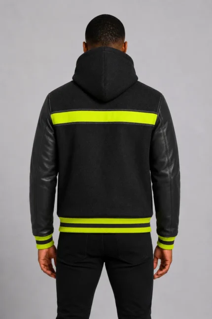 Black Hooded Varsity Jacket Black Leather Sleeves Neon Yellow For Sale