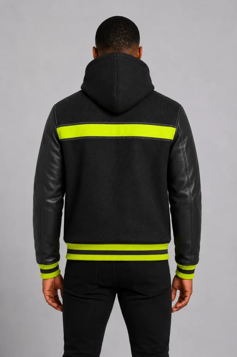 Black Hooded Varsity Jacket Black Leather Sleeves Neon Yellow For Sale