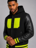Black Hooded Varsity Jacket Black Leather Sleeves Neon Yellow SALE