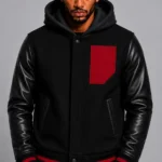 Black Hooded Varsity Jacket Black Leather Sleeves Red Chest Patch