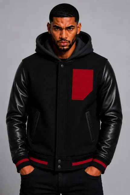 Black Hooded Varsity Jacket Black Leather Sleeves Red Chest Patch