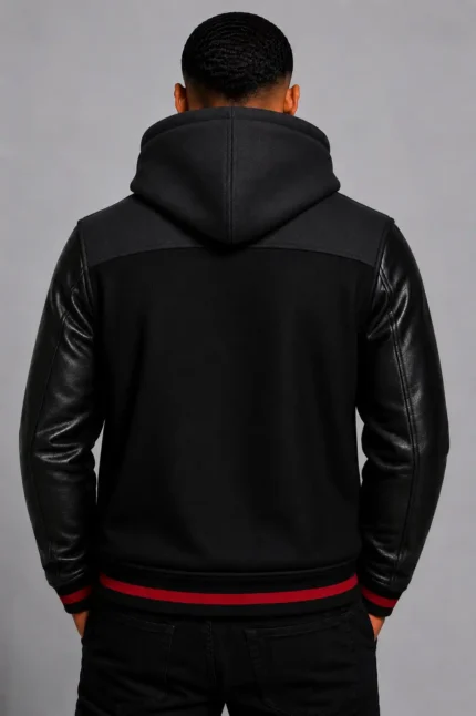 Black Hooded Varsity Jacket Black Leather Sleeves Red Chest Patch For Sale