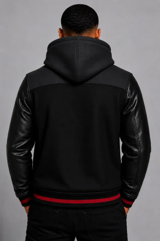 Black Hooded Varsity Jacket Black Leather Sleeves Red Chest Patch For Sale