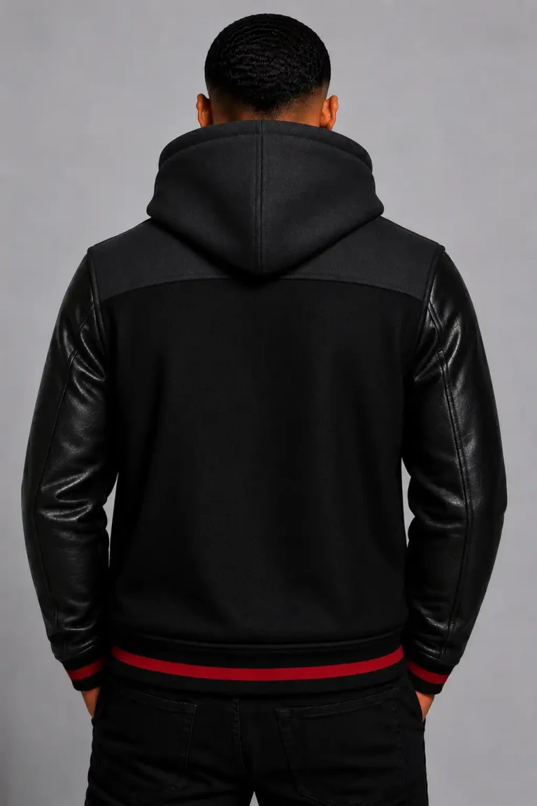 Black Hooded Varsity Jacket Black Leather Sleeves Red Chest Patch For Sale