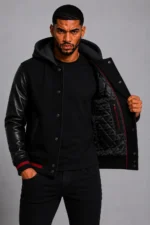 Black Hooded Varsity Jacket Black Leather Sleeves Red Chest Patch On Sale