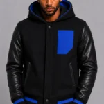 Black Hooded Varsity Jacket Royal Blue Leather Sleeves Blue Patch