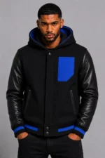 Black Hooded Varsity Jacket Royal Blue Leather Sleeves Blue Patch