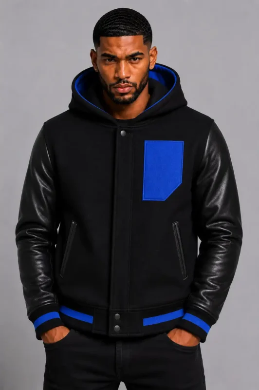 Black Hooded Varsity Jacket Royal Blue Leather Sleeves Blue Patch