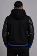 Black Hooded Varsity Jacket Royal Blue Leather Sleeves Blue Patch For Sale