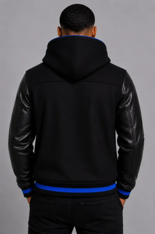 Black Hooded Varsity Jacket Royal Blue Leather Sleeves Blue Patch For Sale