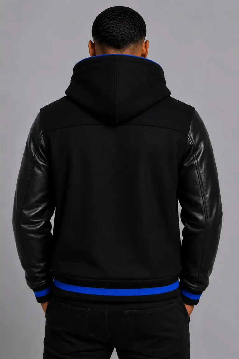 Black Hooded Varsity Jacket Royal Blue Leather Sleeves Blue Patch For Sale