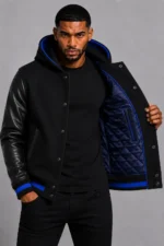 Black Hooded Varsity Jacket Royal Blue Leather Sleeves Blue Patch On Sale